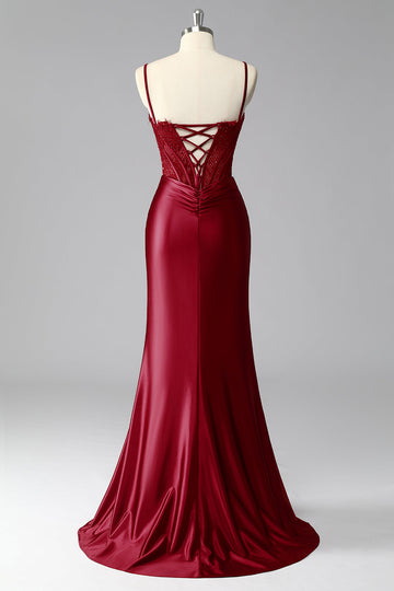Robe De Soirée corset sirène bordeaux en satin froncé